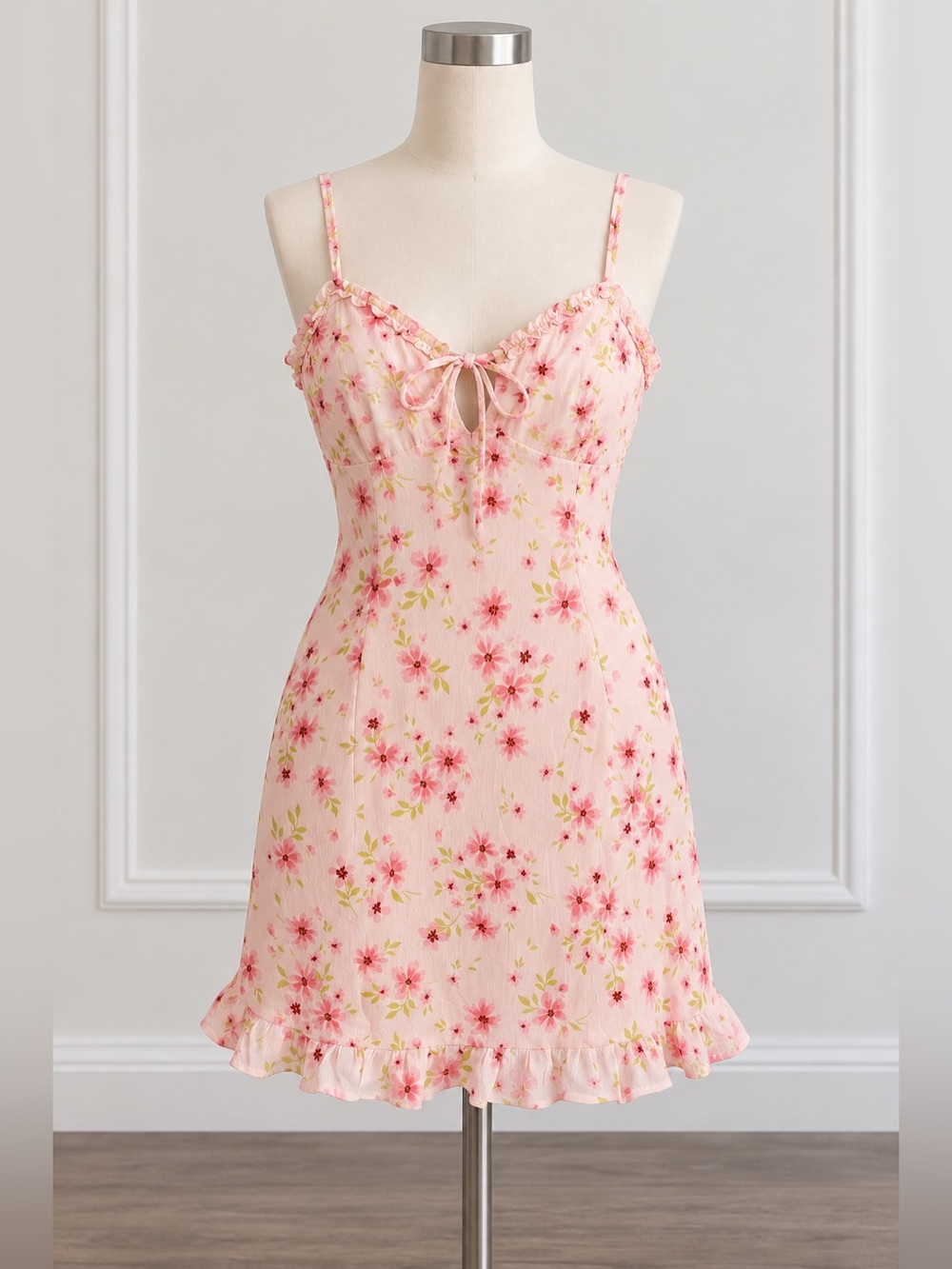 Delicate Pink Floral Slip with Ruffle Trim and Adjustable Straps